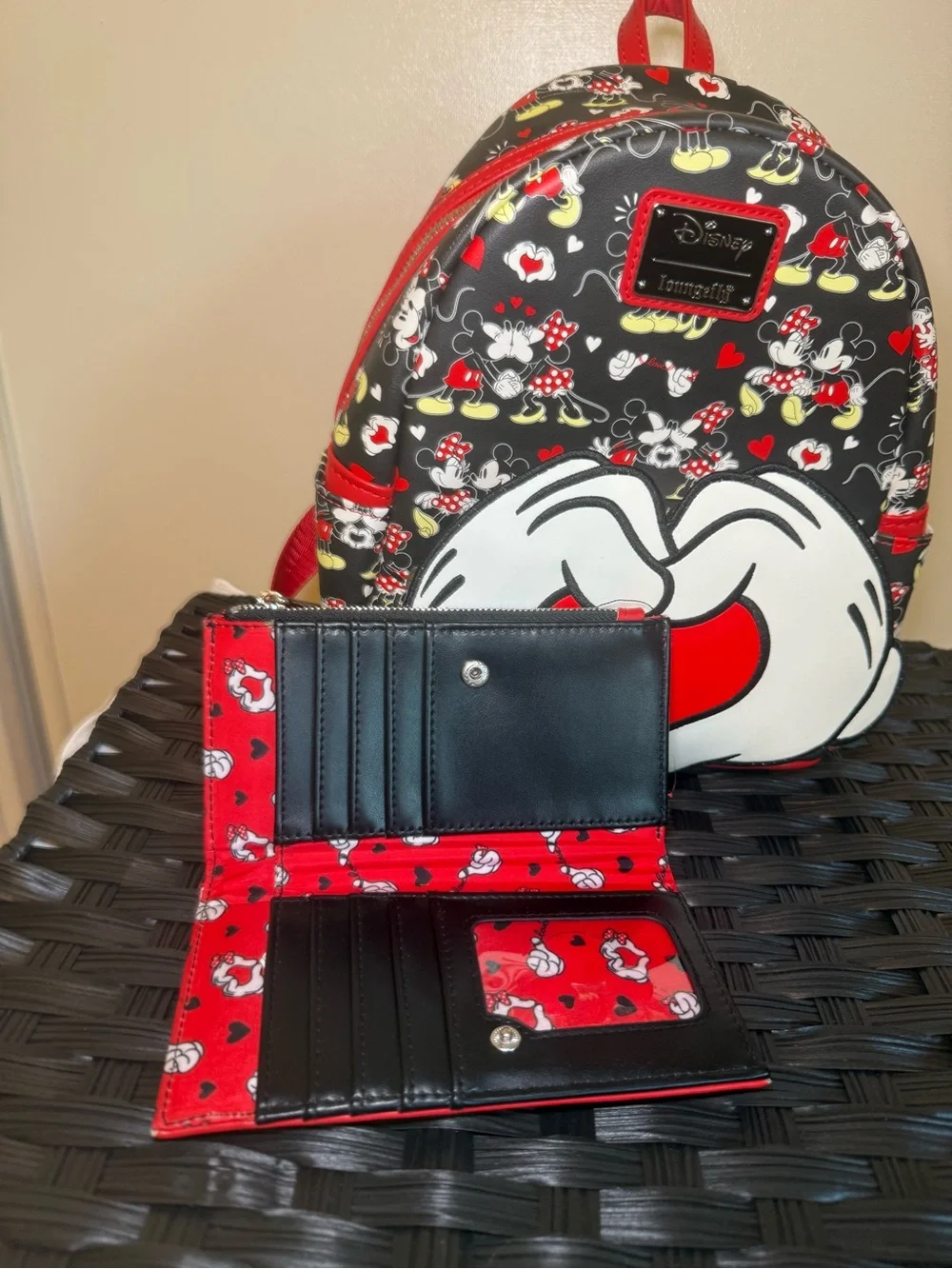 Loungefly Black, Red & White Mickey & Minnie Heart Mini Backpack and Wallet Set